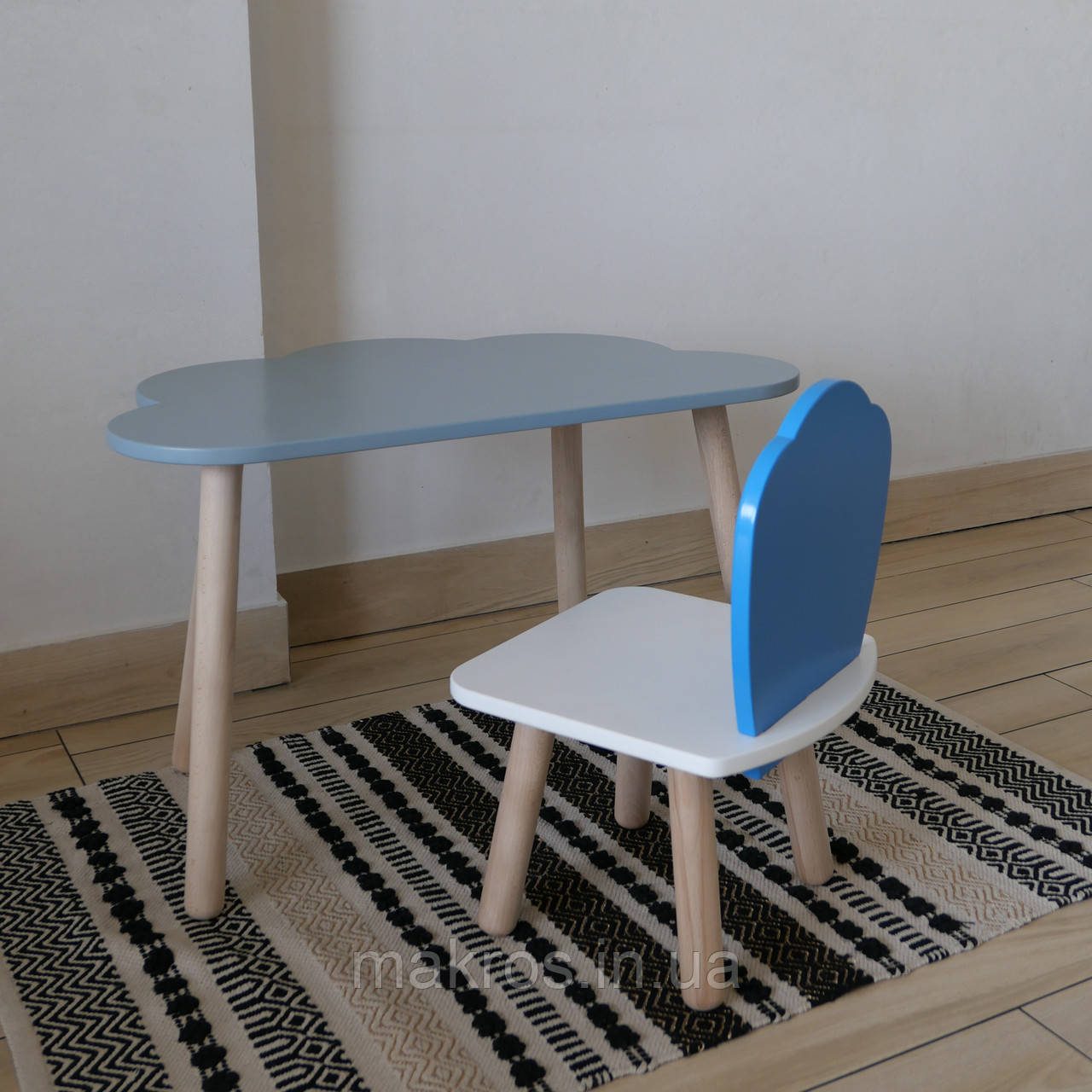 Комплект стіл та стул дитячий ChildWood - Set  Стіл сірий хмаринка + стілець білий блакитний Мушля (Фанера), фото 1