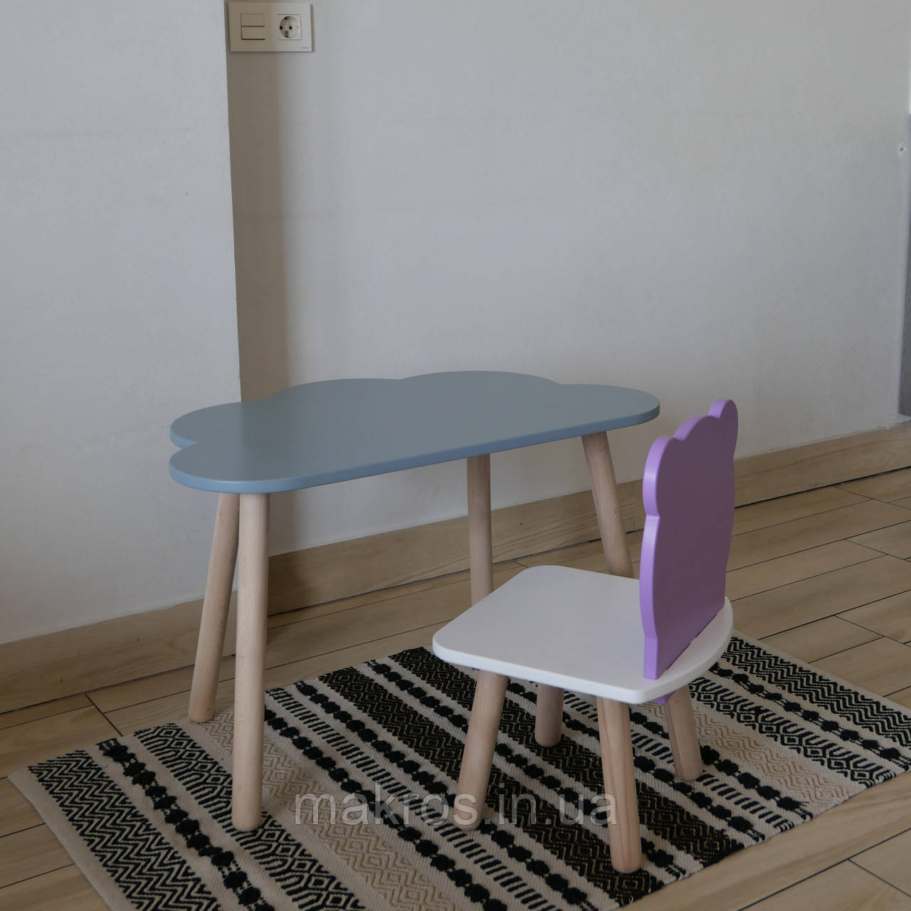 Комплект стіл та стул дитячий ChildWood - Set  Стіл сірий хмаринка + стілець білий бузковий Ведмедик (Фанера), фото 1