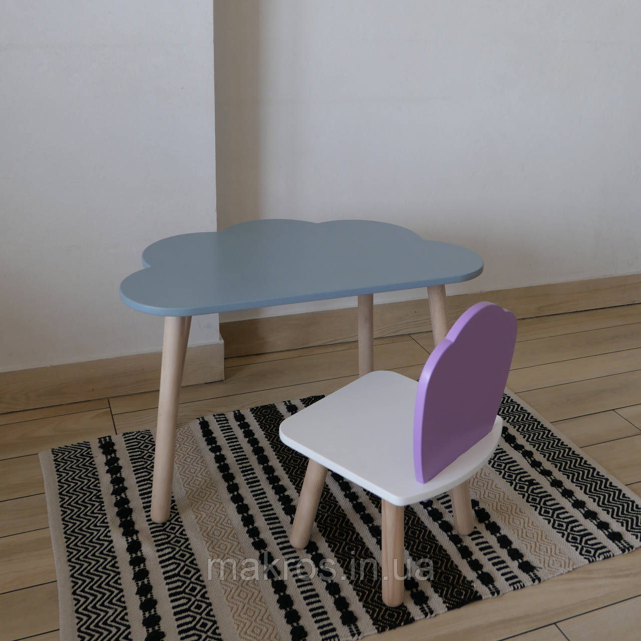 Комплект стіл та стул дитячий ChildWood - Set  Стіл сірий хмаринка + стілець білий бузковий Мушля (Фанера), фото 1