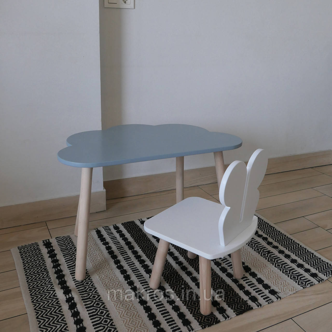 Комплект стіл та стул дитячий ChildWood - Set Стіл сірий хмаринка + стілець білий Метелик (Фанера), фото 1