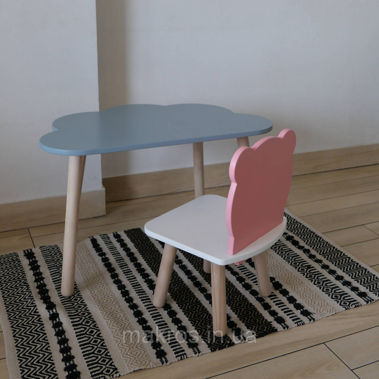 Комплект стіл та стул дитячий ChildWood - Set Стіл сірий хмаринка + стілець білий рожевий Ведмедик (Фанера), фото 1