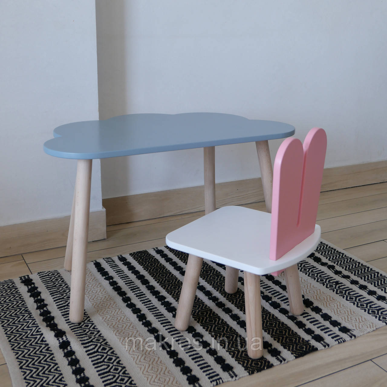 Комплект стіл та стул дитячий ChildWood - Set  Стіл сірий хмаринка + стілець білий рожевий Зайчик  (Фанера), фото 1