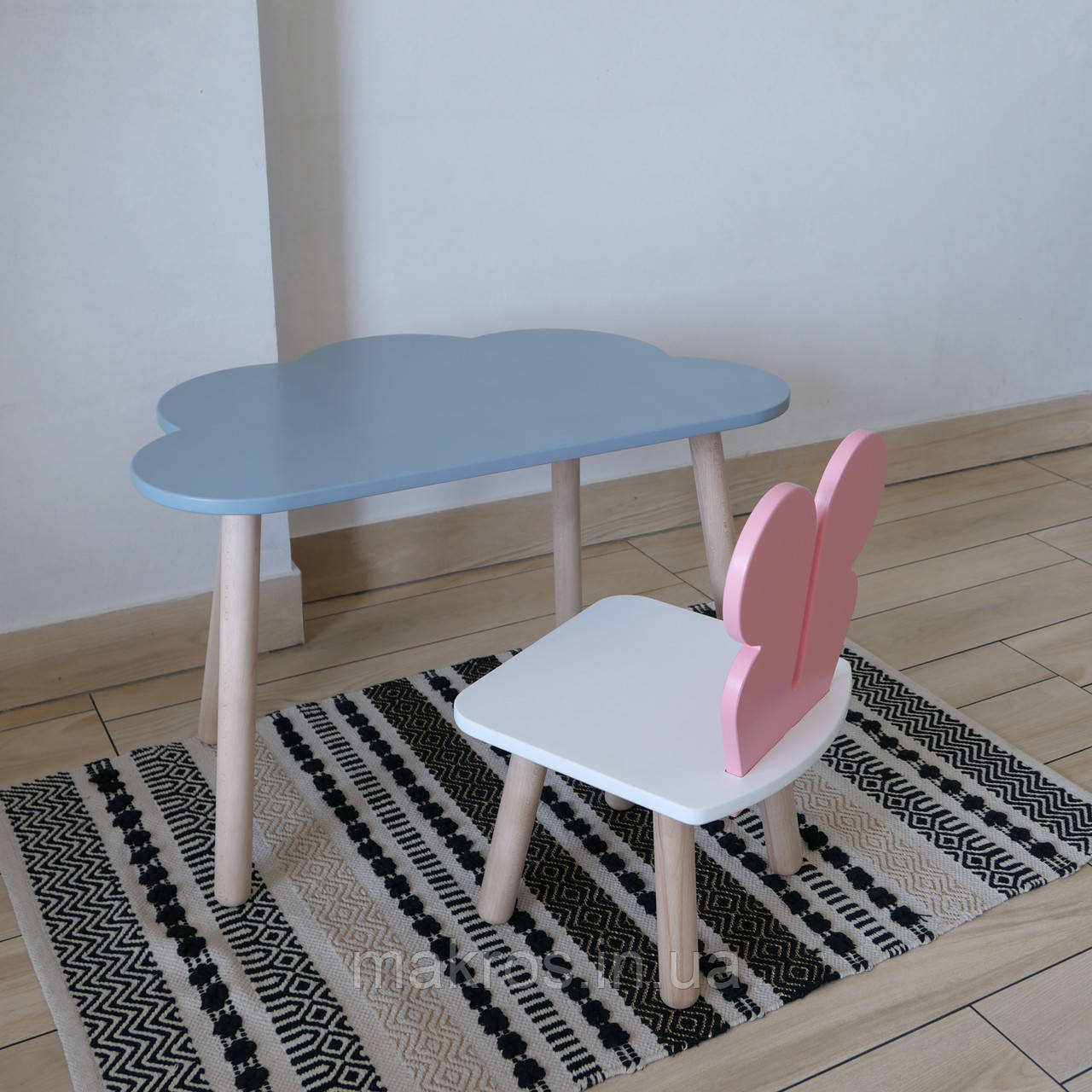 Комплект стіл та стул дитячий ChildWood - Set Стіл сірий хмаринка + стілець білий рожевий Метелик (Фанера), фото 1