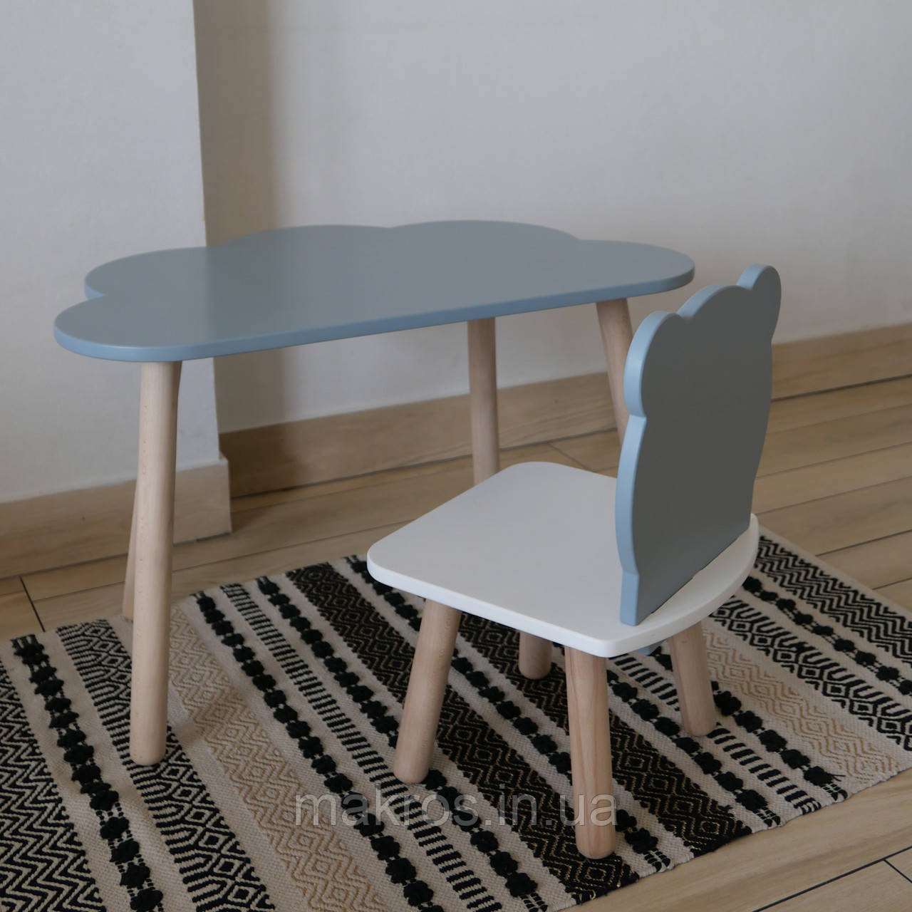 Комплект стіл та стул дитячий ChildWood - Set  Стіл сірий хмаринка + стілець білий сірий Ведмедик (Фанера), фото 1