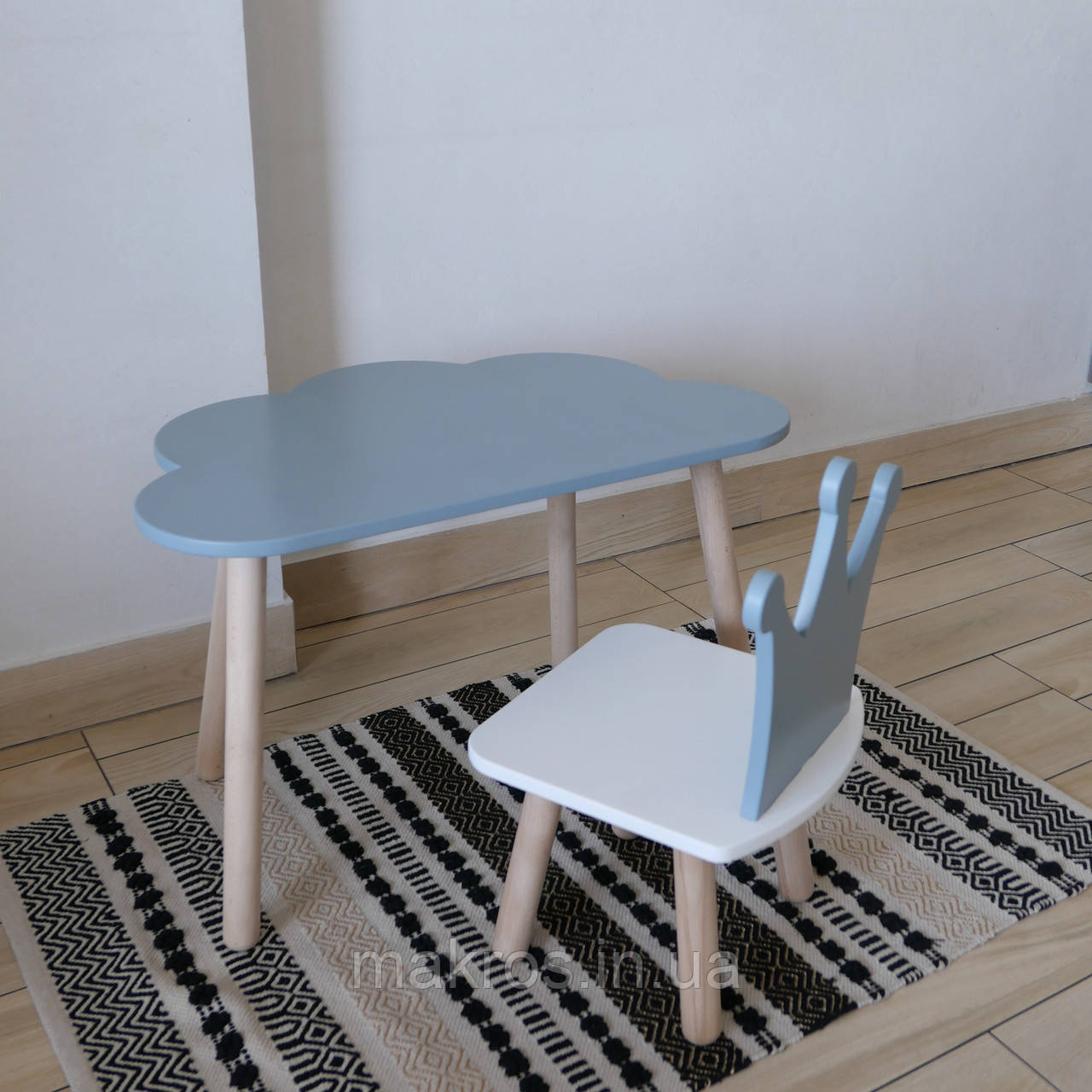 Комплект стіл та стул дитячий ChildWood - Set Стіл сірий хмаринка + стілець білий сірий Корона (Фанера), фото 1