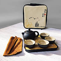Компактний чайний набір для подорожей з чайним столиком (чабанню) на 4 особи "Чорний оксамит"