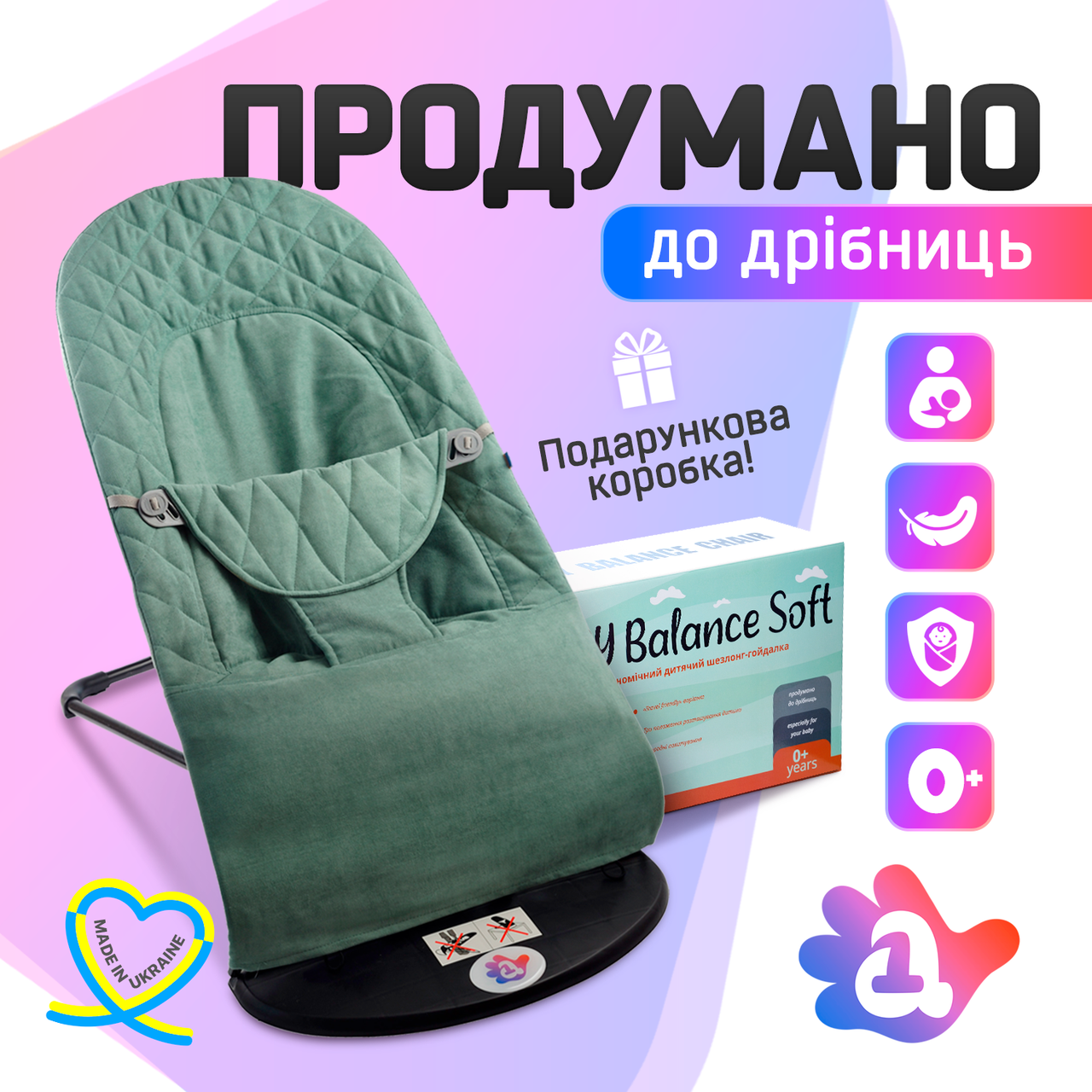 Дитячий шезлонг-гойдалка BABY Balance Soft від SBT Group бірюзовий в клітинку/бавовна (BBS-03-00)