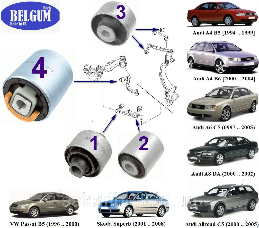 Сайлентблоки SKODA SUPERB (3U4) седан 2001-2008г Комплект 10 шт. ПЕРЕДНЯ ПІДВІСКА, фото 1