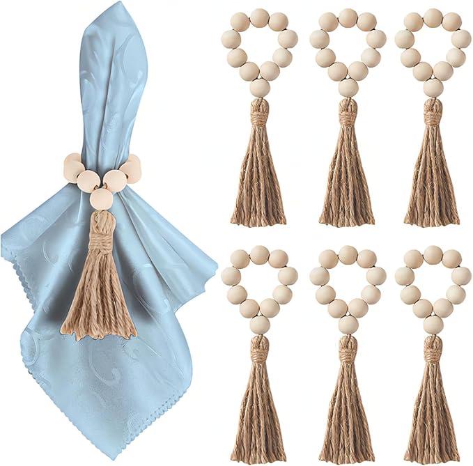 Кільця для серветок Leeseph з дерев'яними бусинами 6 шт бежеві