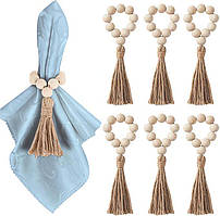 Кільця для серветок Leeseph з дерев'яними бусинами 6 шт бежеві