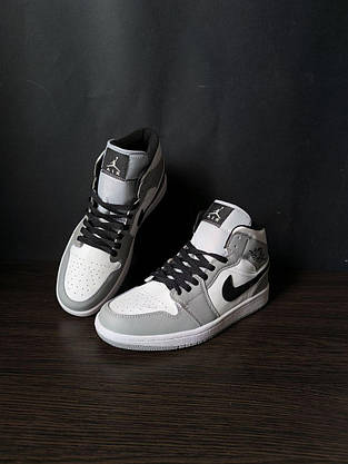 Кросівки NIKE Air Jordan високі СІРНІ на шнурках чоловічі унісекс демісезон ліцензія натуральна шкіра, фото 3
