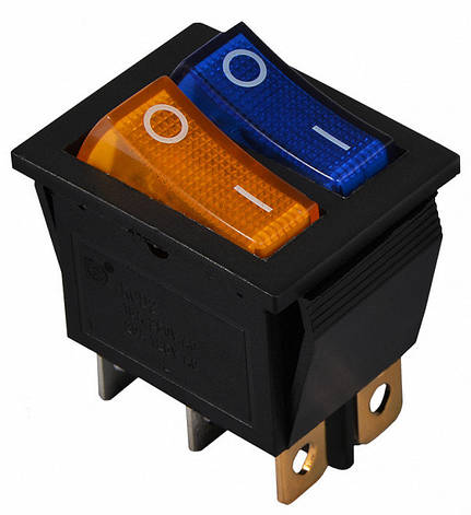 KCD2-2101N BL+YL/B 220V Перемикач 2 клав. жовтий+синій з підсвічуванням, фото 1