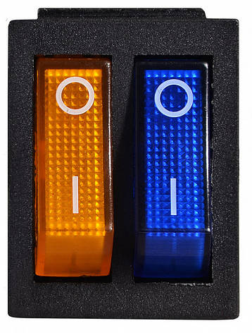 KCD2-2101N BL+YL/B 220V Перемикач 2 клав. жовтий+синій з підсвічуванням, фото 2