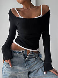 Жіночний комплект-двійка: чорний лонгслів в рубчик і біла трикотажна майка розміру 42/46