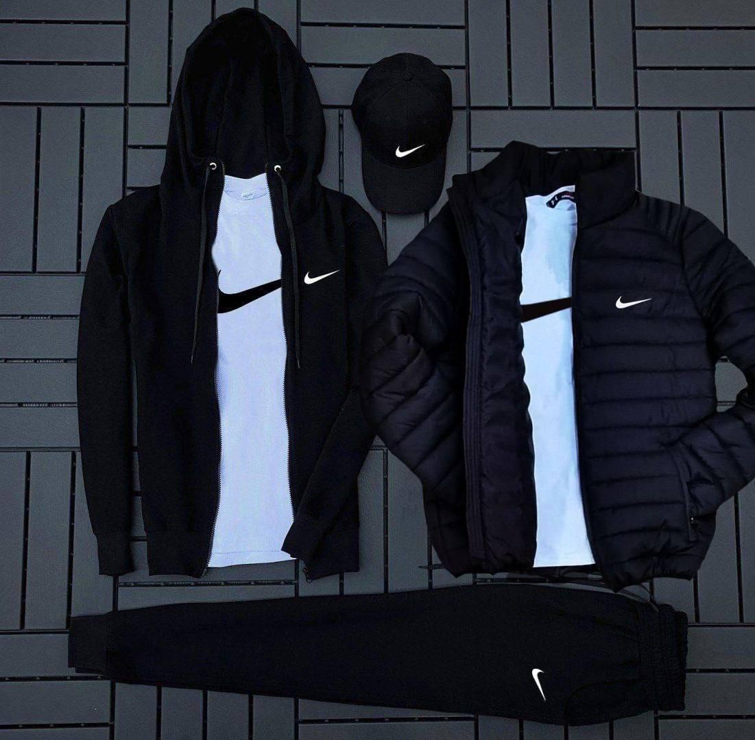 Зимовий костюм чоловічий Nike зіппер штани куртка 2 футболки спортивний комплект найк чорно-білий