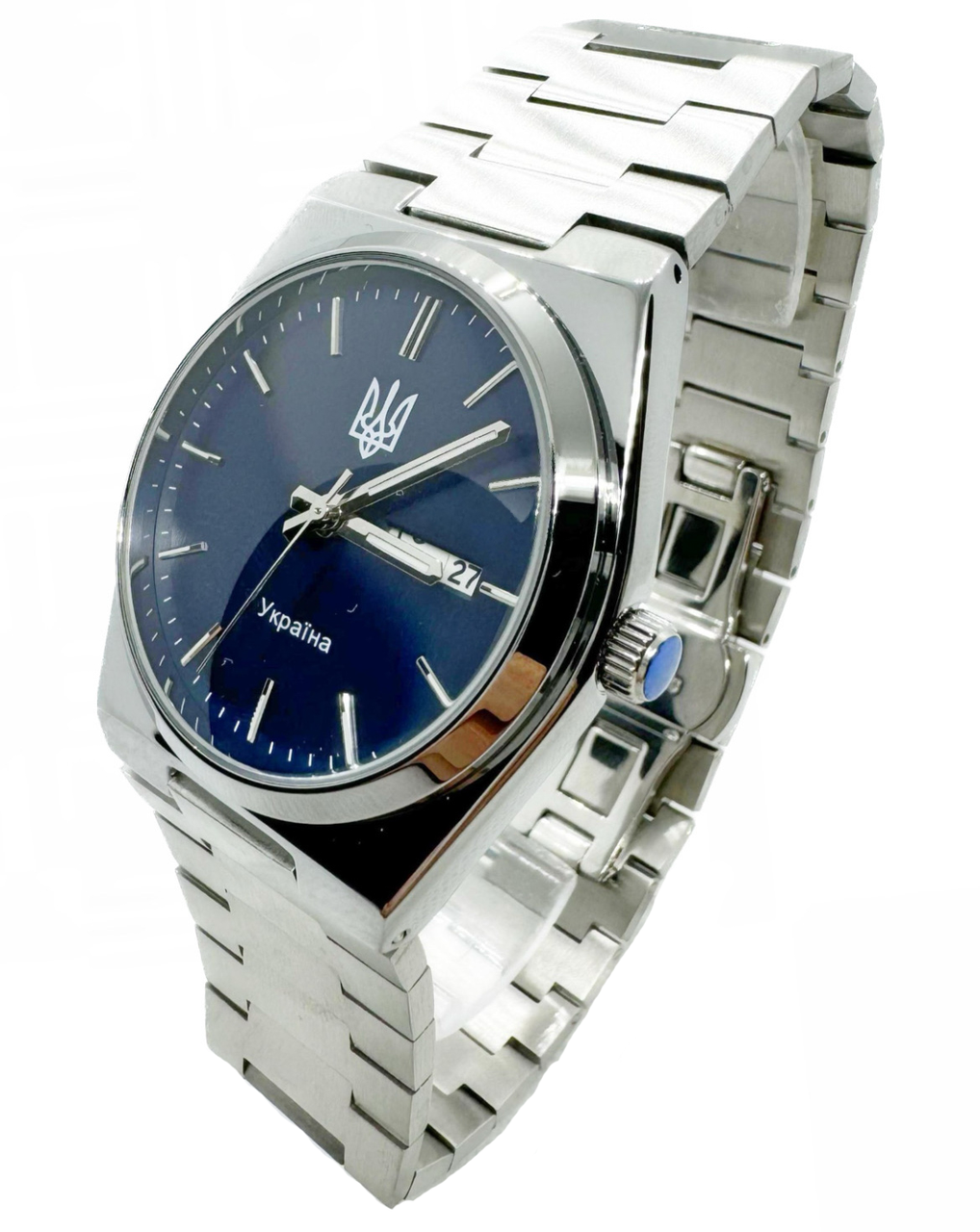 Годинник наручний SKMEI 8829 з тризубцем Україна на браслеті срібло з синім (код: IBW909SZ)