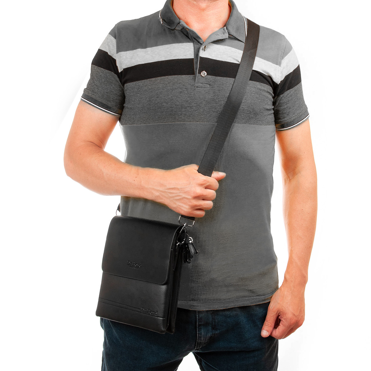 Сумка чоловіча чорна на плече на два відділи на змійках блискавках з екошкіри середня Dr. Bond 336-2