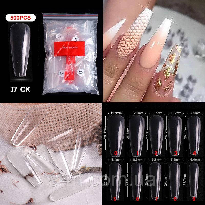 500 шт/уп. Тіпси 17CK- накладні нігті для нарощування - прозорі, фото 1