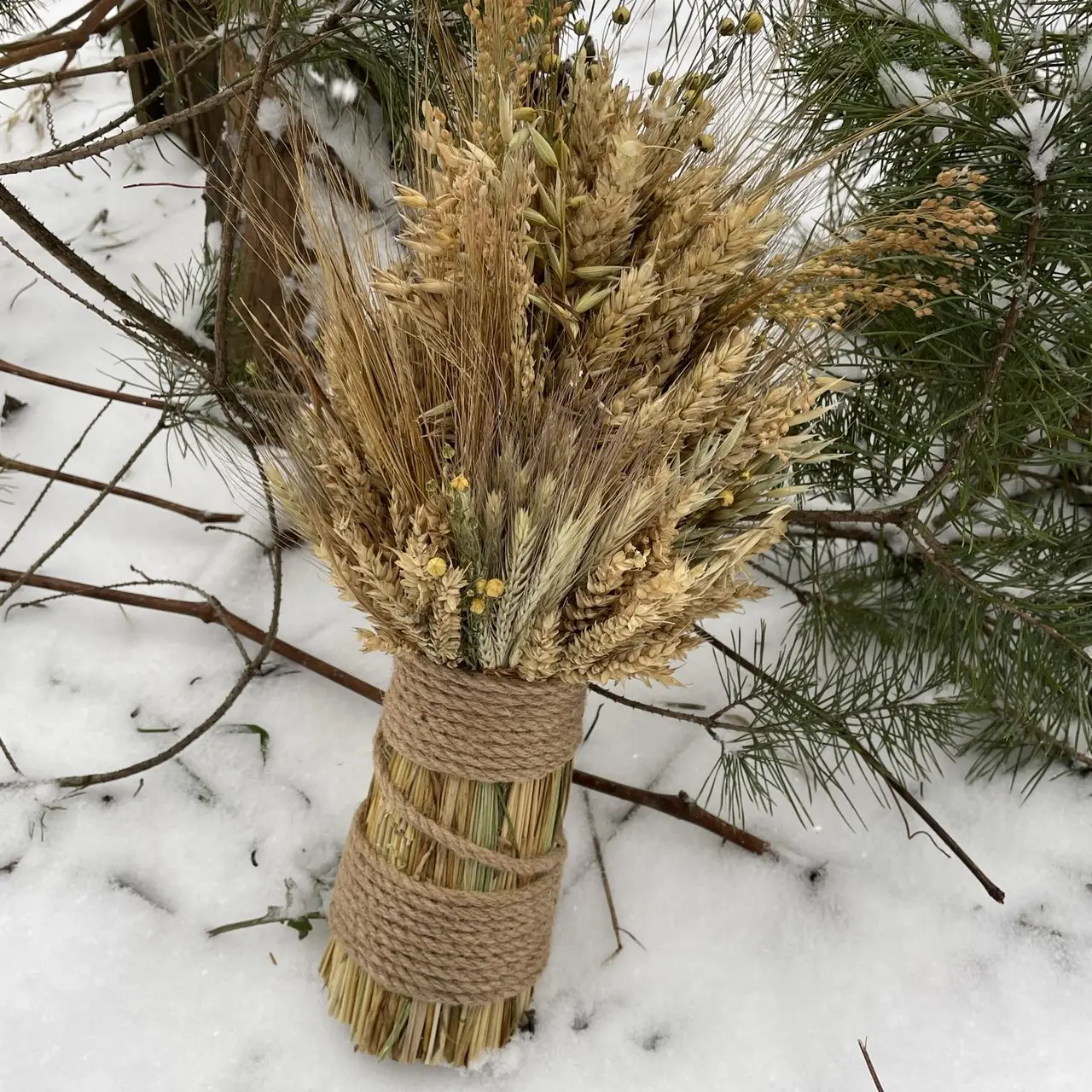Різдвяний Дідух з житнього та пшеничного колосся та льону 40см, фото 1