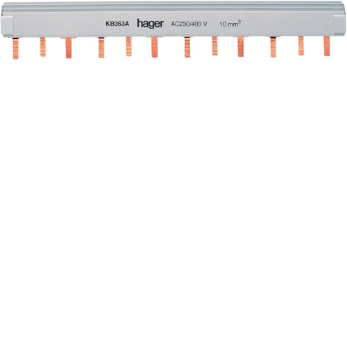 З'єднувальна шина штирьова Hager KB363A, 3-полюсна, ізоляція, 12 модулів, 10мм²