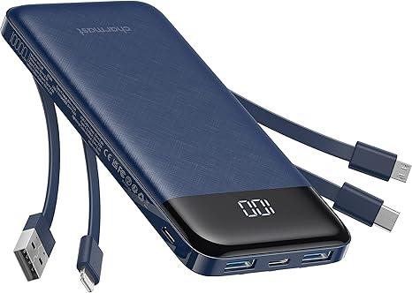 Charmast Power Bank із вбудованими кабелями, акумулятор USB C на 10000 мАг, 6 виходів, 3 входи зі світлодіодним дисплеєм, портатив