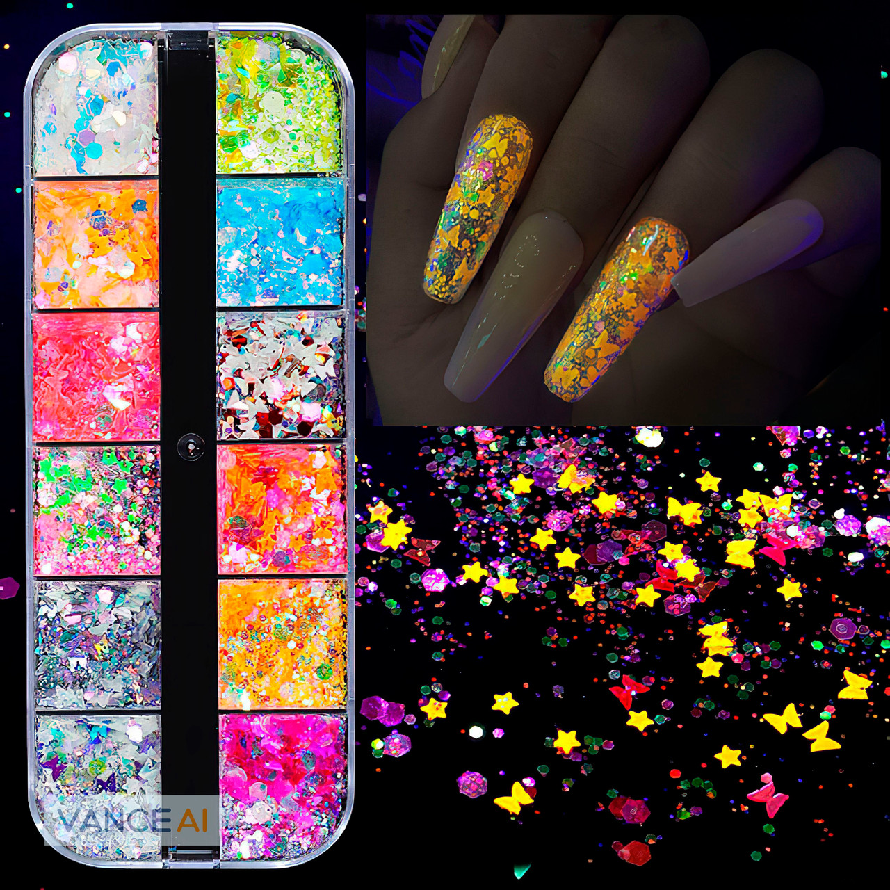 Декоратори барвники гліттери, що світяться в темряві для прикрас з епоксидної смоли нейл-арту манікюру та скрапбукінгу 12 в 1 - фото 1 - id-p2371624982