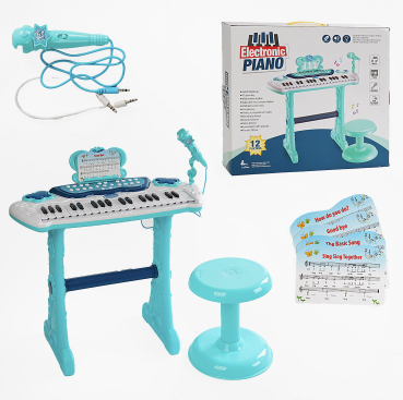 Багатофункціональне дитяче піаніно 883 F "Electronic Piano" на ніжках, зі стільчиком та мікрофоном, блакитне