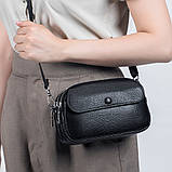 Шкіряна жіноча сумка з натуральної шкіри. Сумочка жіноча маленька на три відділення (чорна), фото 2