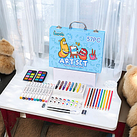 Дитячий набір для малювання 57 предметів олівців і фломастерів набір для творчості блакитний