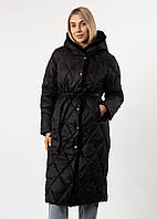Демисезонное женское пальто длинное ниже колен с утеплением и капюшоном праздничный черный L
