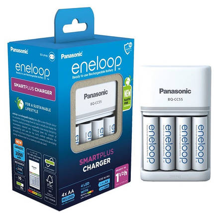 Універсальний зарядний пристрій Panasonic BQ-CC55+4xBK-3MCDE (K-KJ55MCD40E), AA/AAA, Eneloop ready, LED індикатор, 4 канала, 3.2/1, фото 1