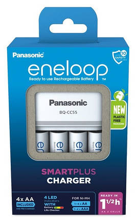 Універсальний зарядний пристрій Panasonic BQ-CC55+4xBK-3MCDE (K-KJ55MCD40E), AA/AAA, Eneloop ready, LED індикатор, 4 канала, 3.2/1, фото 2