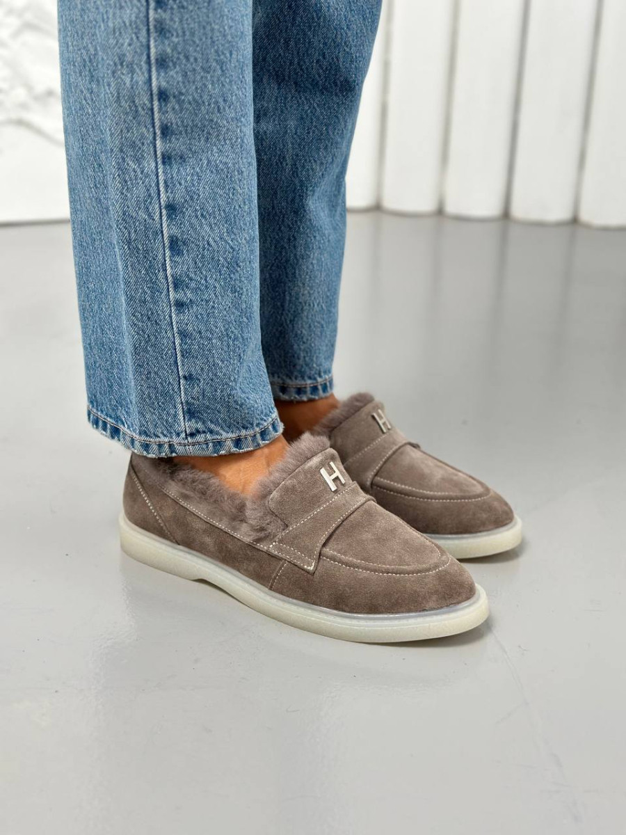 Лофери жіночі замшеві темно-бежевого кольору зимові, фото 1