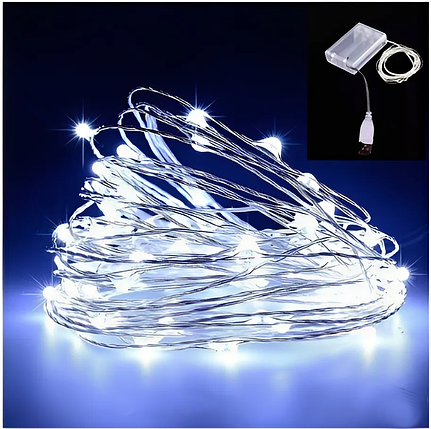 Світлодіодна LED Гірлянда 3м на USB та Батарейках | Білий, фото 1