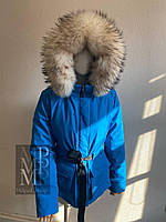Жіноча зимова куртка блакитна з натуральним хутром фінського єнота, опушка, 42-54 розміри