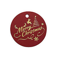 Бірка кругла "Мerry Cristmas" Ø45 мм (10 шт), червона із золотим тисненням