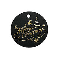 Бірка кругла "Мerry Cristmas" Ø45 мм (10 шт), чорна із золотим тисненням