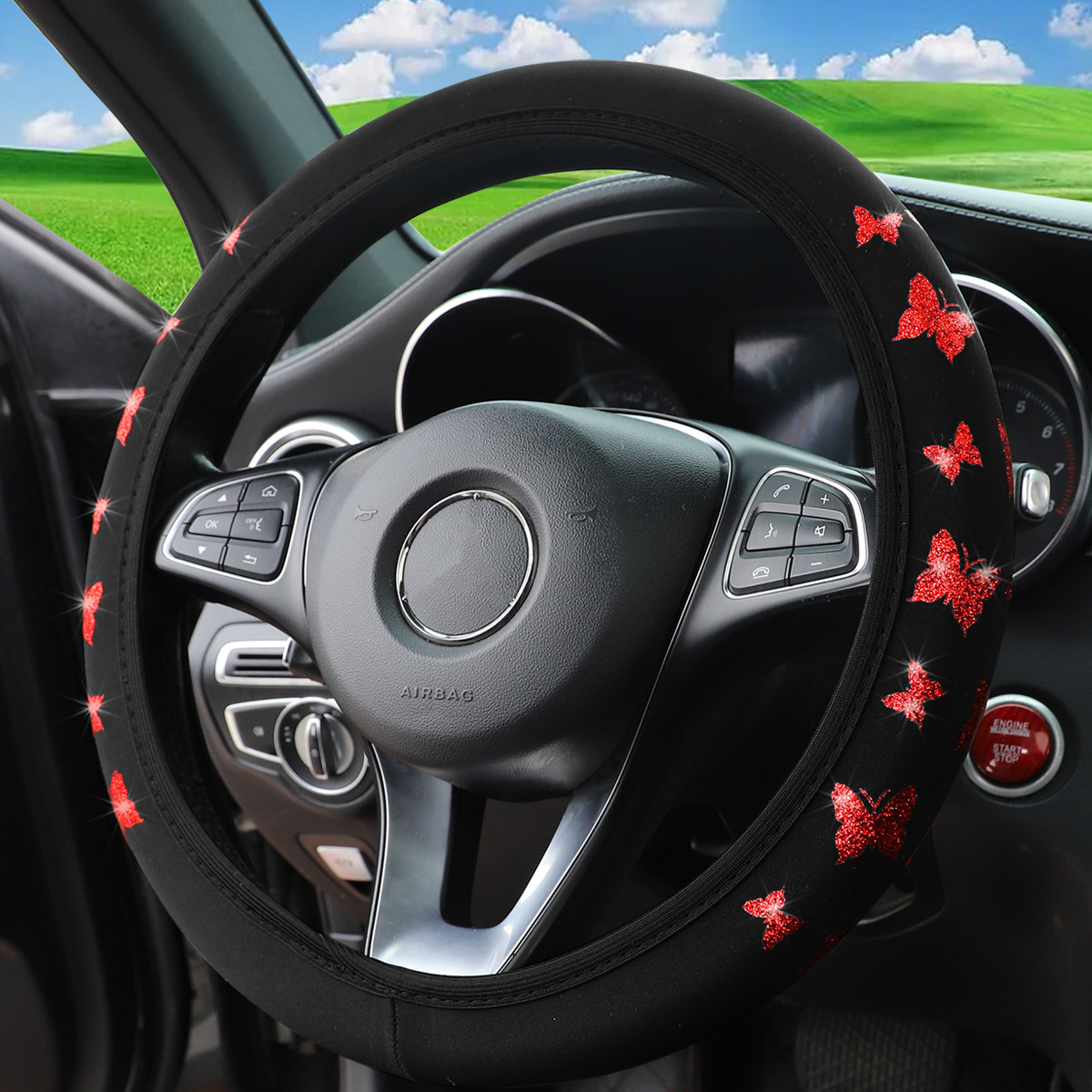 Чохол на кермо. Обплетення на кермо. Жіноча з червоними метеликами М 37-39 см