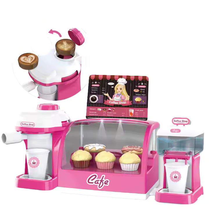 Інтерактивний ігровий дитячий набір кафе пекарня Кавомашина дозатор води вітрина світло звук для розвиваючих ігор, фото 1