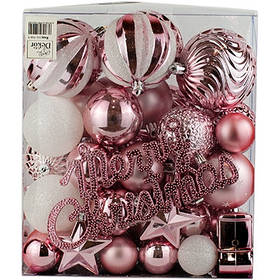 Набір новорічних пластикових іграшок 75шт Рожево-білі LG-102-1