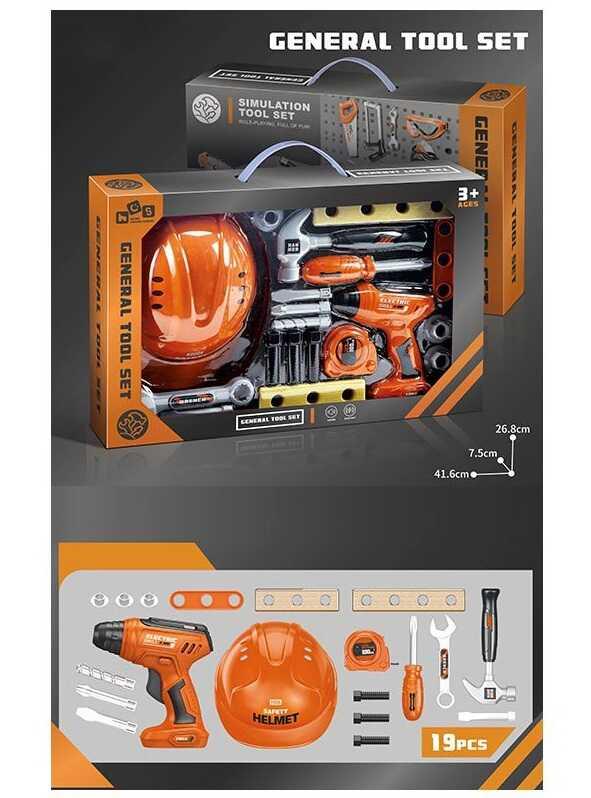 Набір інструментів іграшковий 778-29, 19 предметів, шурупокрут механічний, каска, фото 1