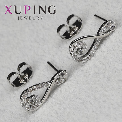 Серьги пуссеты гвоздики серебристого цвета размер 14х4 мм фирма Xuping Jewelry восьмёрочки со стразами, фото 1
