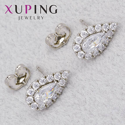 Серёжки женские серебристого цвета медицинское золото Xuping Jewelry 24K гвоздики пуссеты со стразами 10х8 мм, фото 1