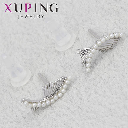 Серьги пуссеты гвоздики серебристого цвета фирма Xuping Jewelry с жемчужинками размер 13х4 мм, фото 1