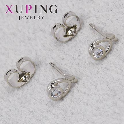 Серьги пуссеты гвоздики серебристого цвета фирма Xuping Jewelry с белыми стразами размер 7х4 мм, фото 1