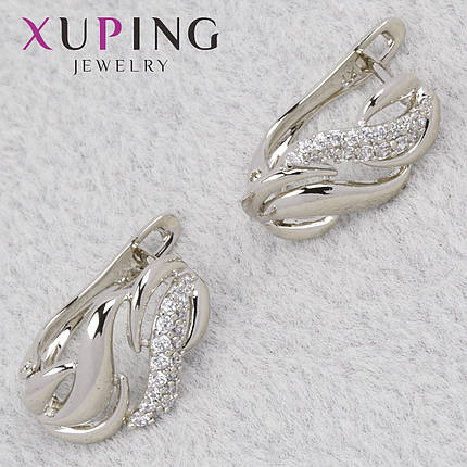 Серьги серебристого цвета фирма Xuping Jewelry английская застёжка с волнами с кристаллами размер 15х8 мм, фото 1