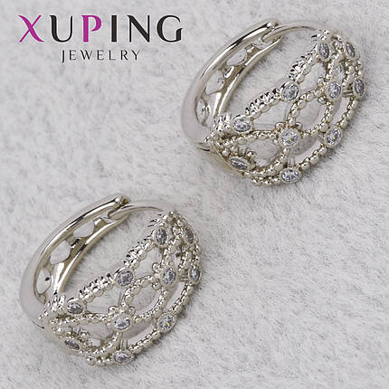 Серёжки женские серебристого цвета Xuping Jewelry 18K кольцо конго с белыми кристаллами диаметр 15 мм, фото 1