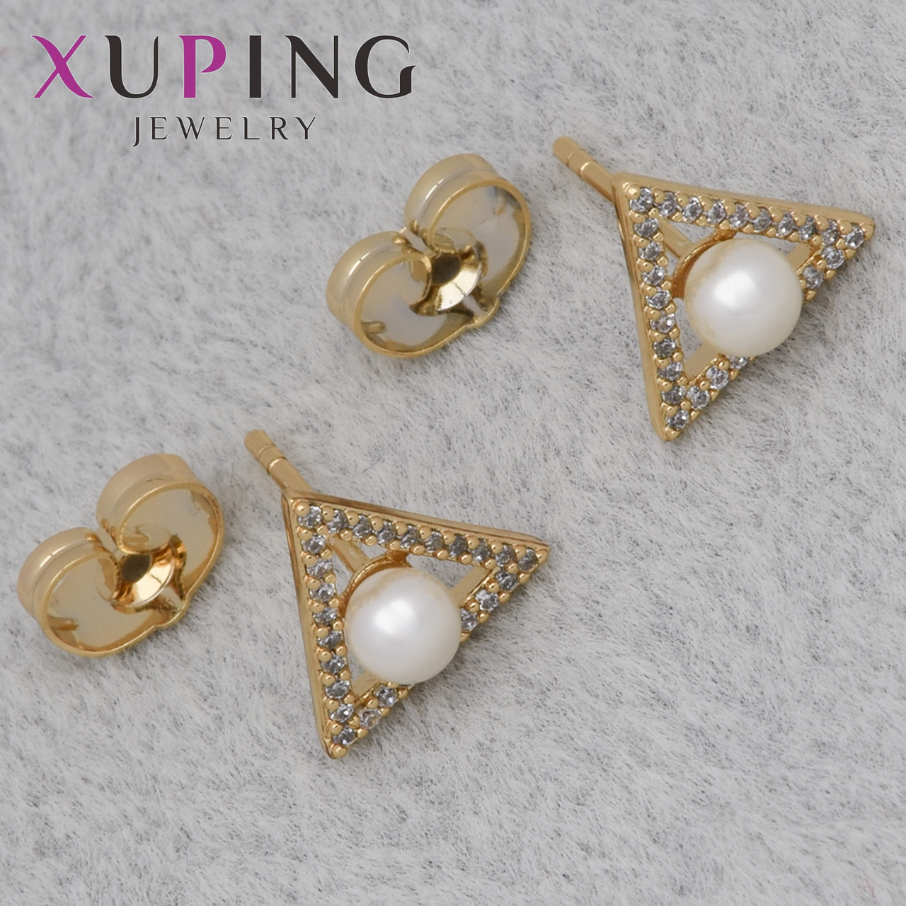 Серьги женские позолота 18К Xuping Jewelry гвоздики пуссеты треугольники камень циркон размер изделия 10х10 мм