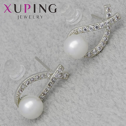 Серьги женские фирма Xuping Jewelry родий гвоздики пуссеты с бусинами белый циркон размер изделия 18х10 мм, фото 1