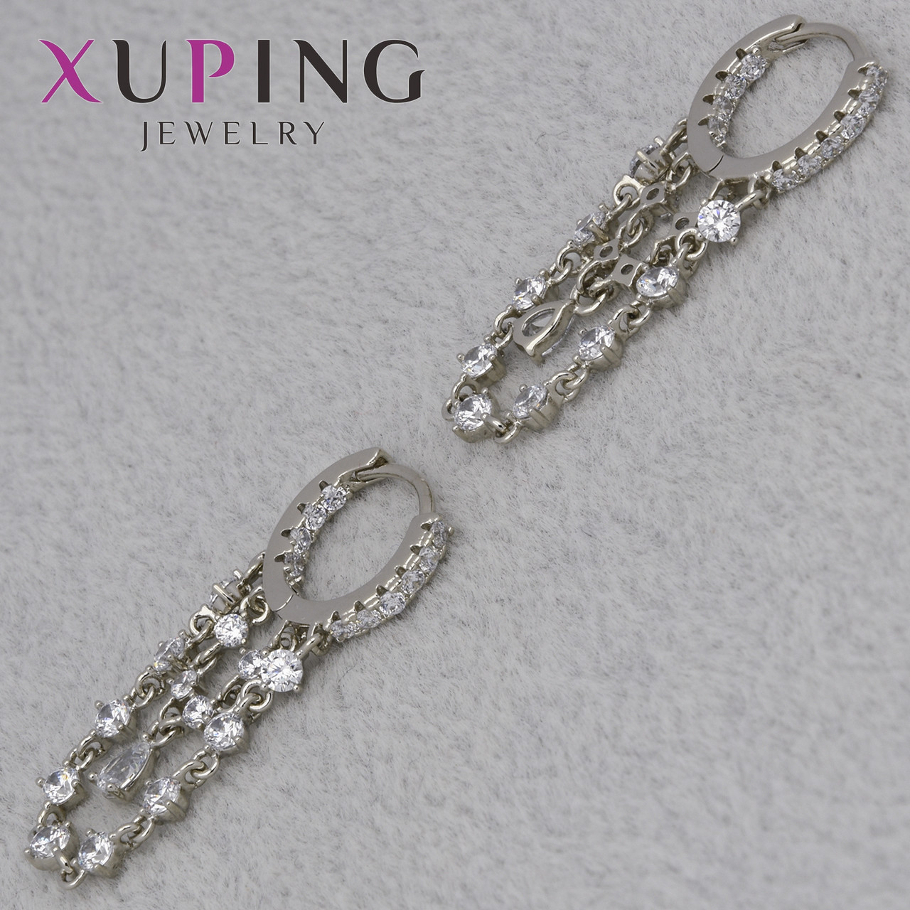 Серёжки женские фирма Xuping Jewelry родий кольцо конго с висюльками камень Swarowski размер изделия 13х30 мм